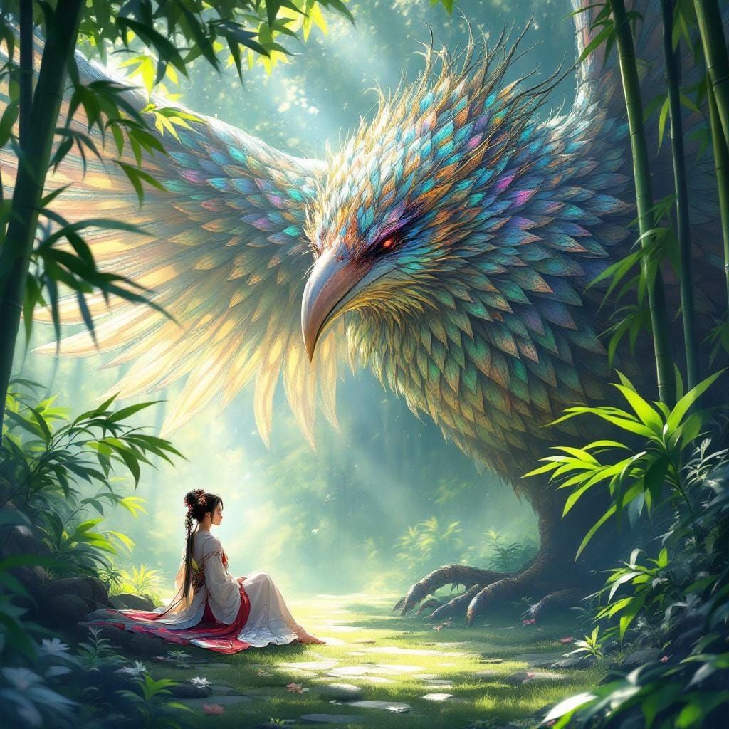 Japanese Girl and Iridescent Bird in Bamboo Forest