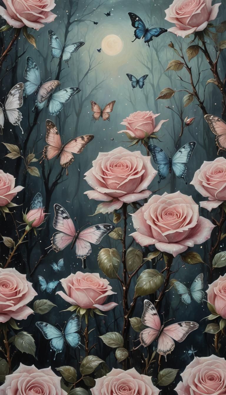 Eerie Roses and Butterflies in Dark Forest