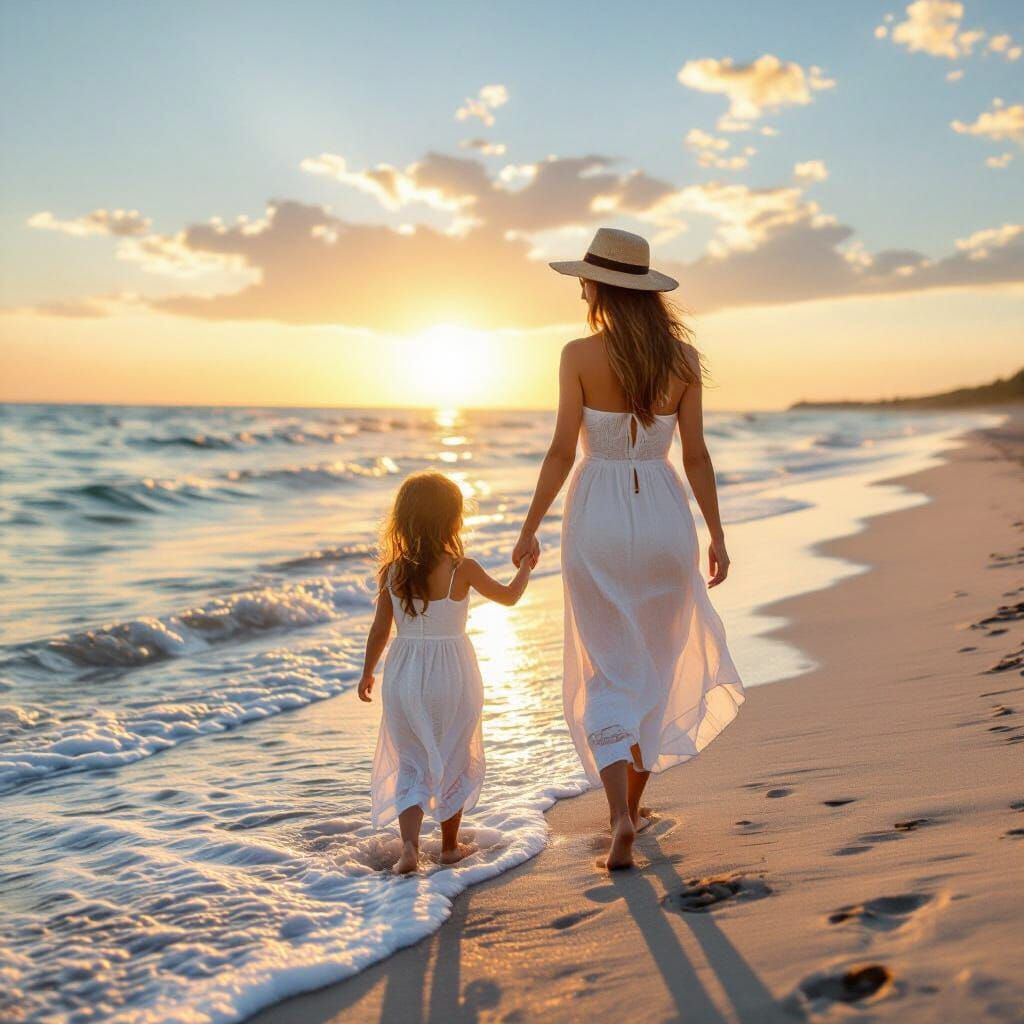 Mother and Daughter Walking on a Sunny Beach