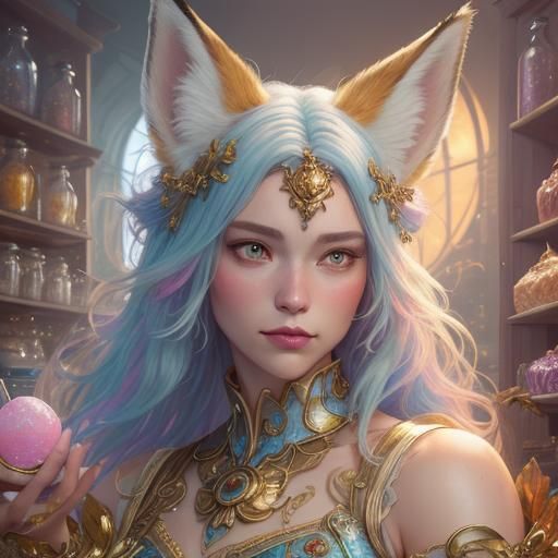 Girl with Fox Ears Enjoys Candy in Fantasy Art