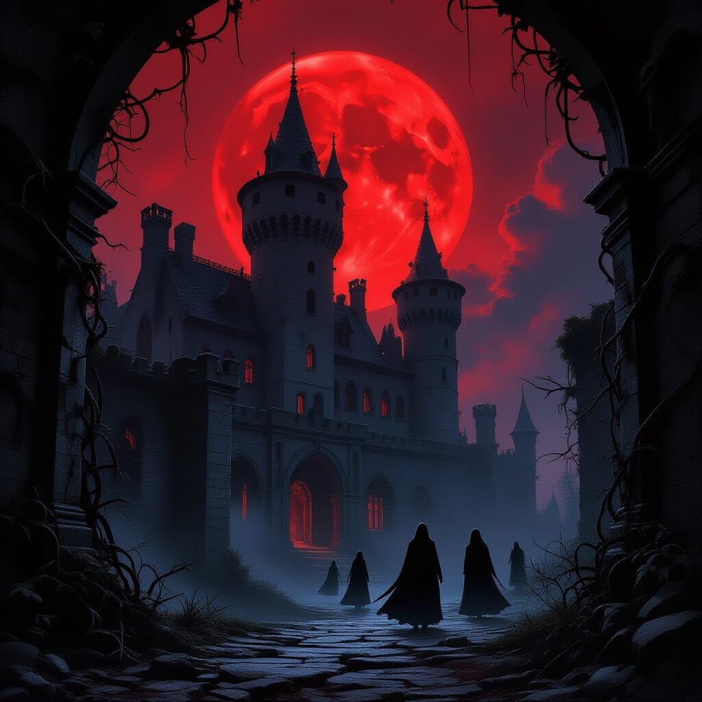 Gothic Castle Under Blood Moon with Ethereal Figures