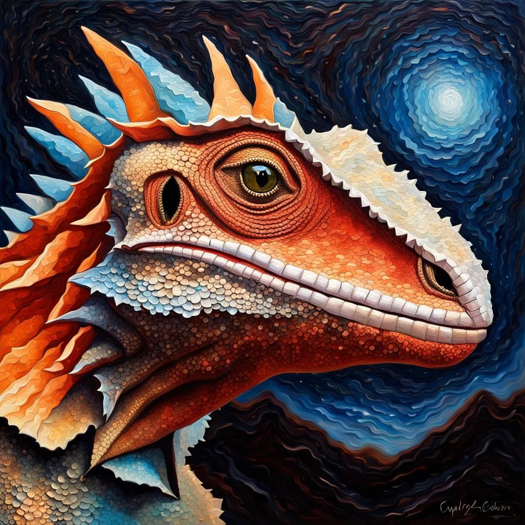Frilled-Neck Lizard Portrait in Impasto Oil Painting