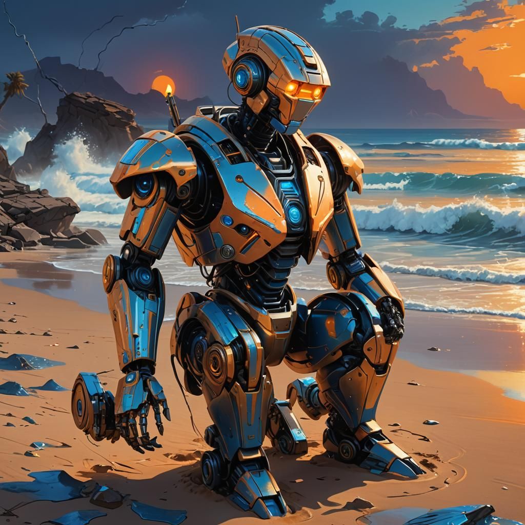 Robot Weeping on Deserted Beach at Sunset