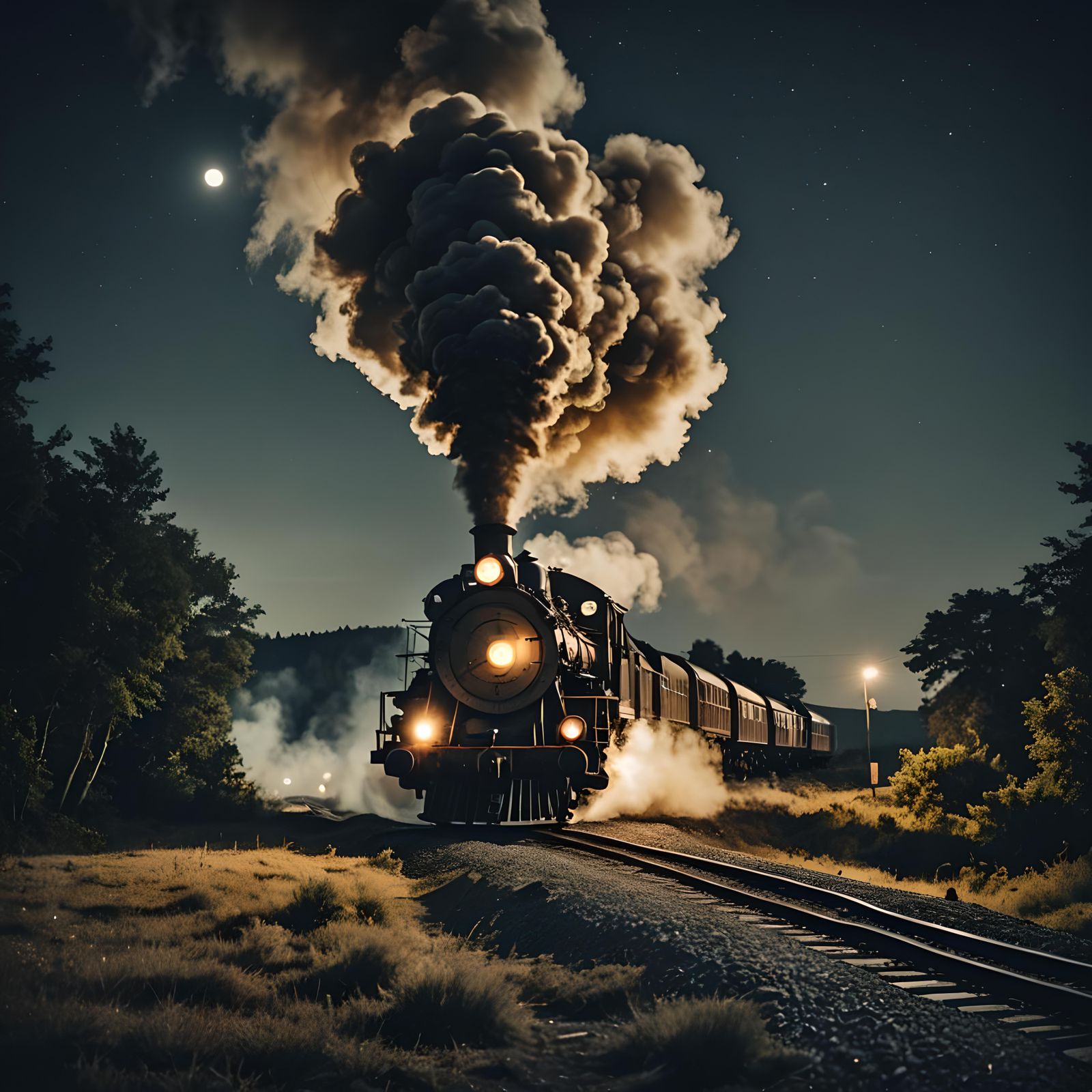 Steam Train Under Moonlight: Cinematic Film Still