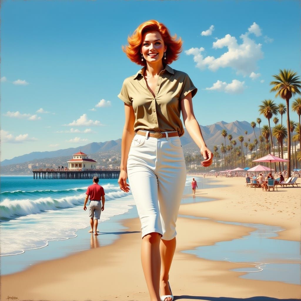 Fit 50-Year-Old Woman on Santa Monica Pier in Oil Painting S...
