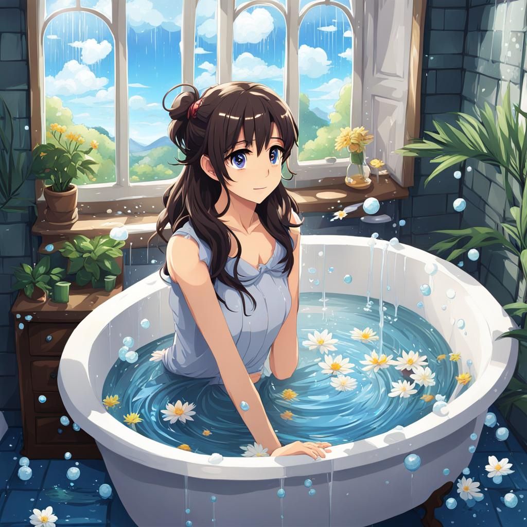 Anime Girl Bathing: Manga Key Visual Art