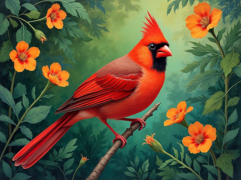 Vibrant Red Cardinal in a Lush Tropical Paradise