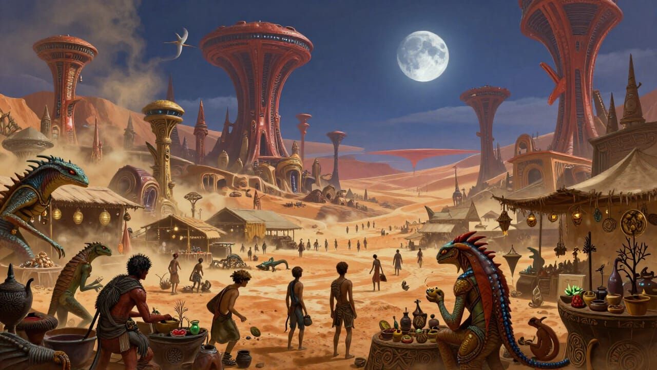 Alien Desert Bazaar with Twin Moons and Reptilian Creatures