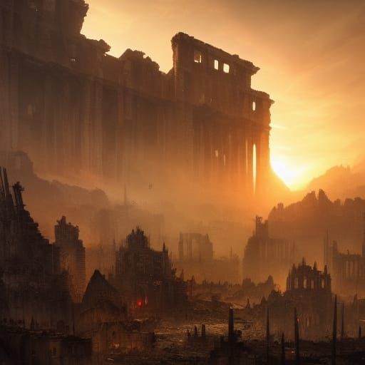 Sunrise Over Ruins: Dark Fantasy Concept Art