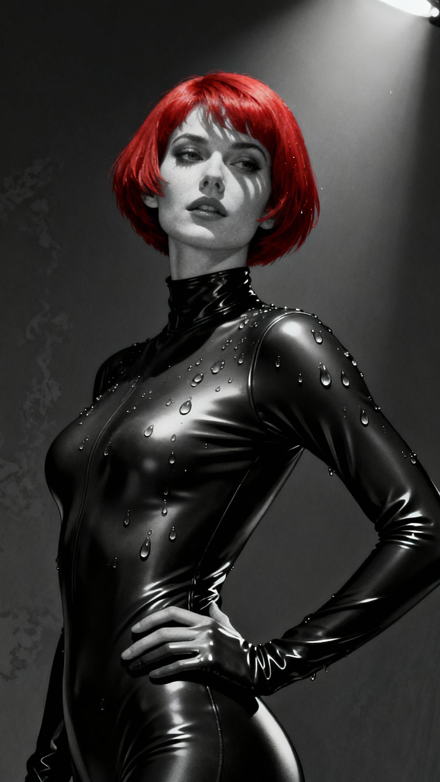 Confident Woman in Dynamic Rubber Bodysuit