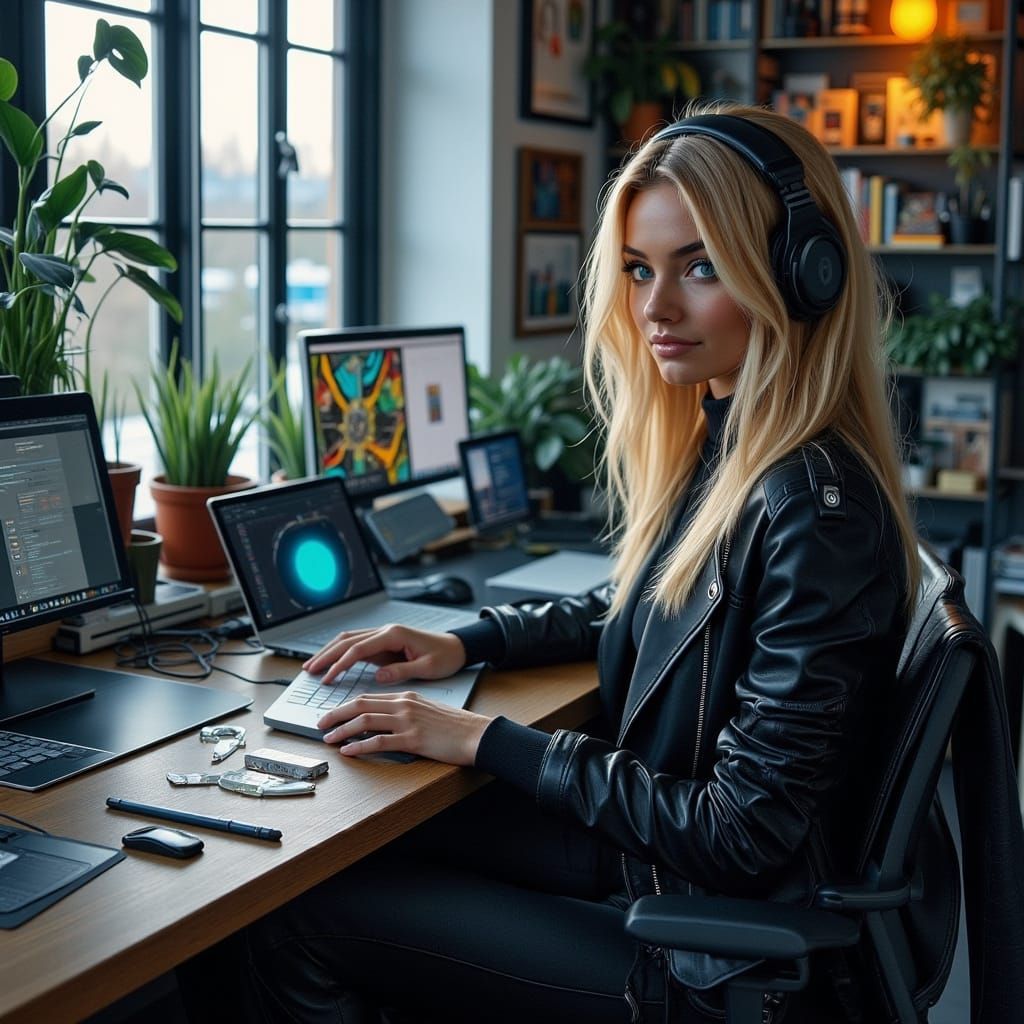 Inspired Woman Curating Art in Future Punk Workspace