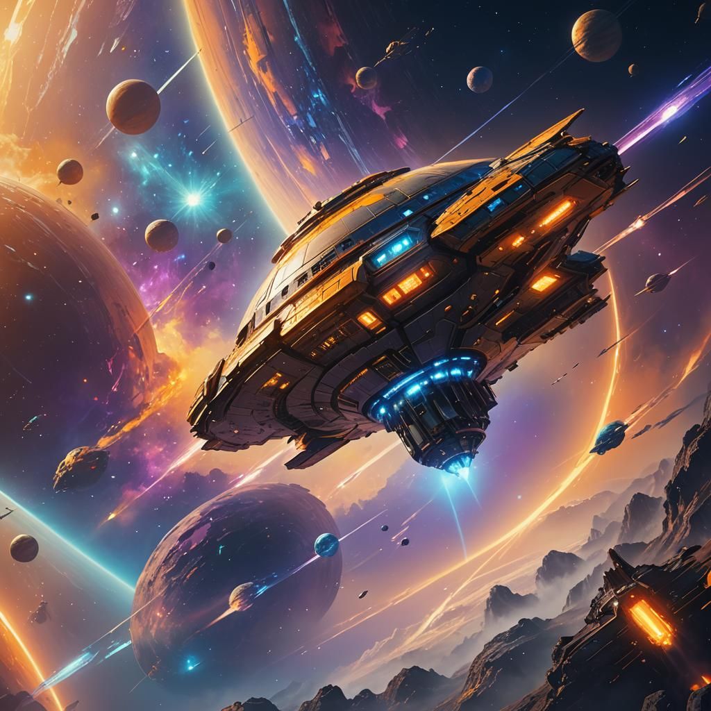 Spaceship Orbiting a Glowing Planet in Oil Painting