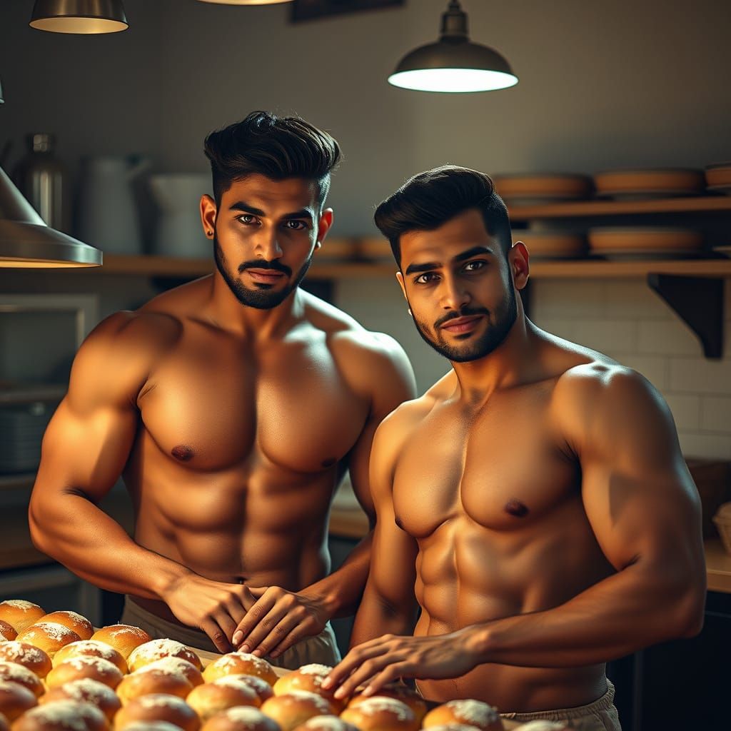 Muscular Men Baking Buns in Warm Light