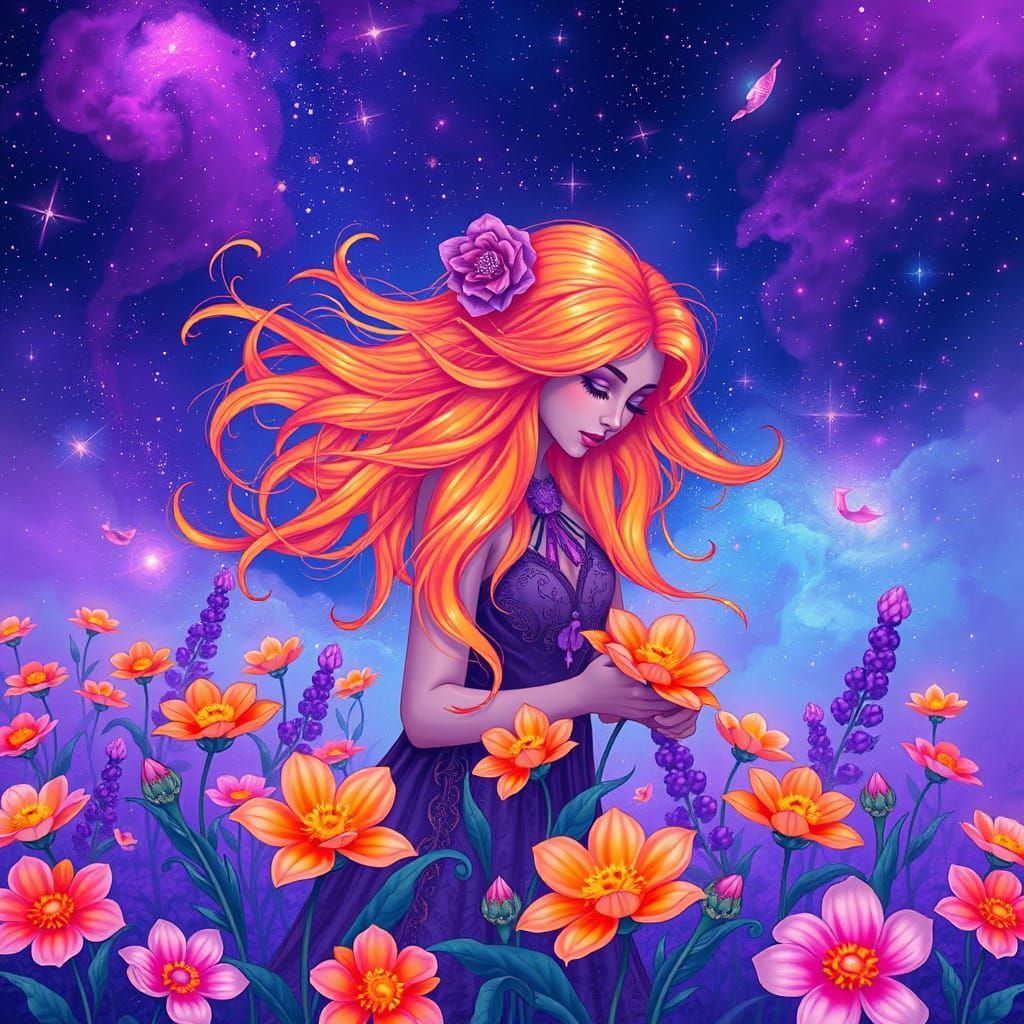 Vibrant Celestial Florist in Lavender Nebula