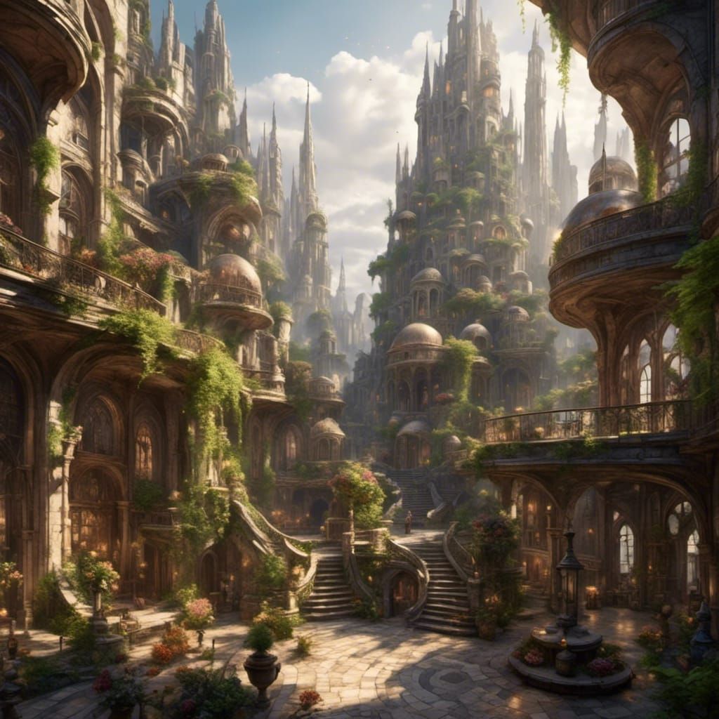 Detailed Hyper Futuristic Courtyard in Morning Light