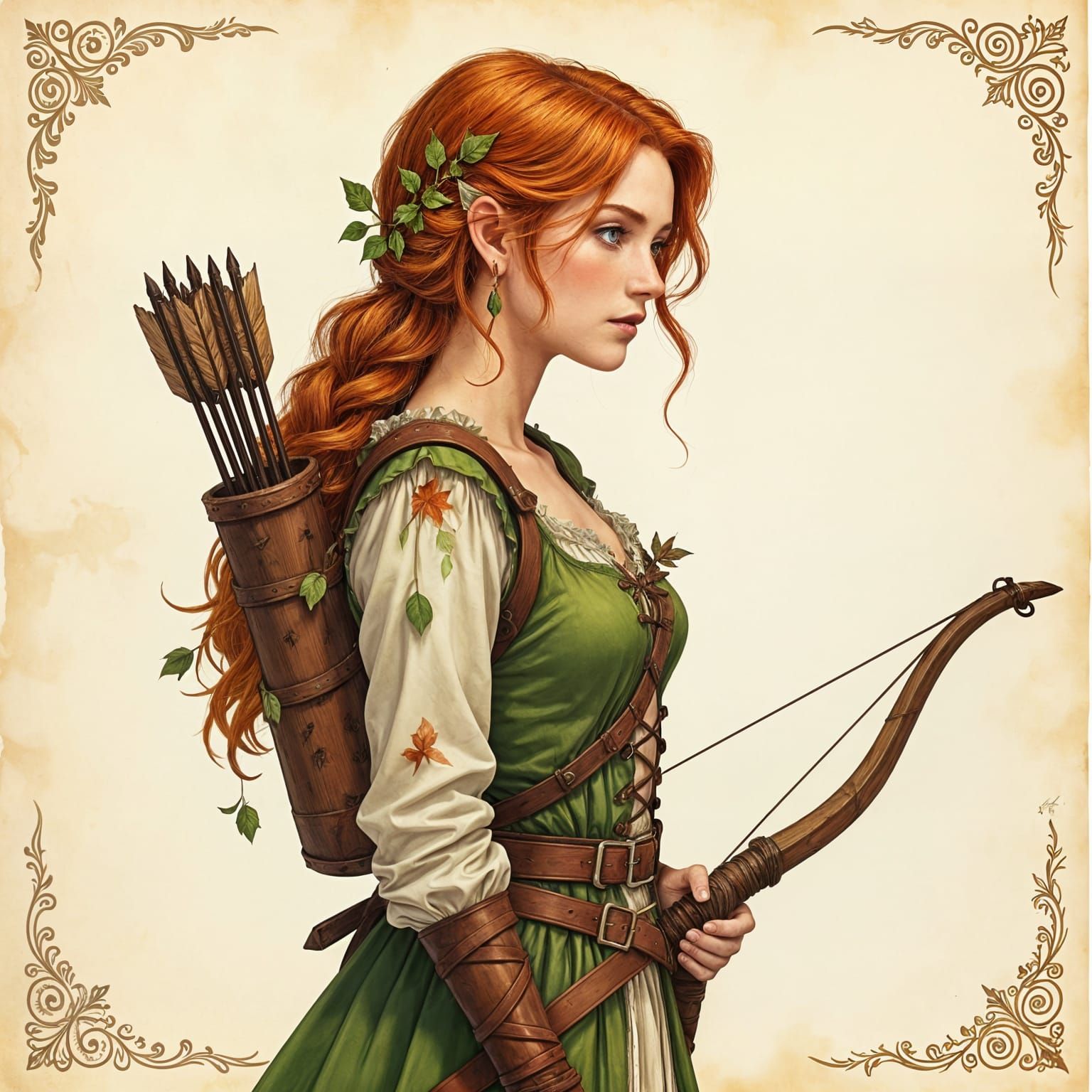 Fantasy Archer Girl with Auburn Hair in Painterly Style