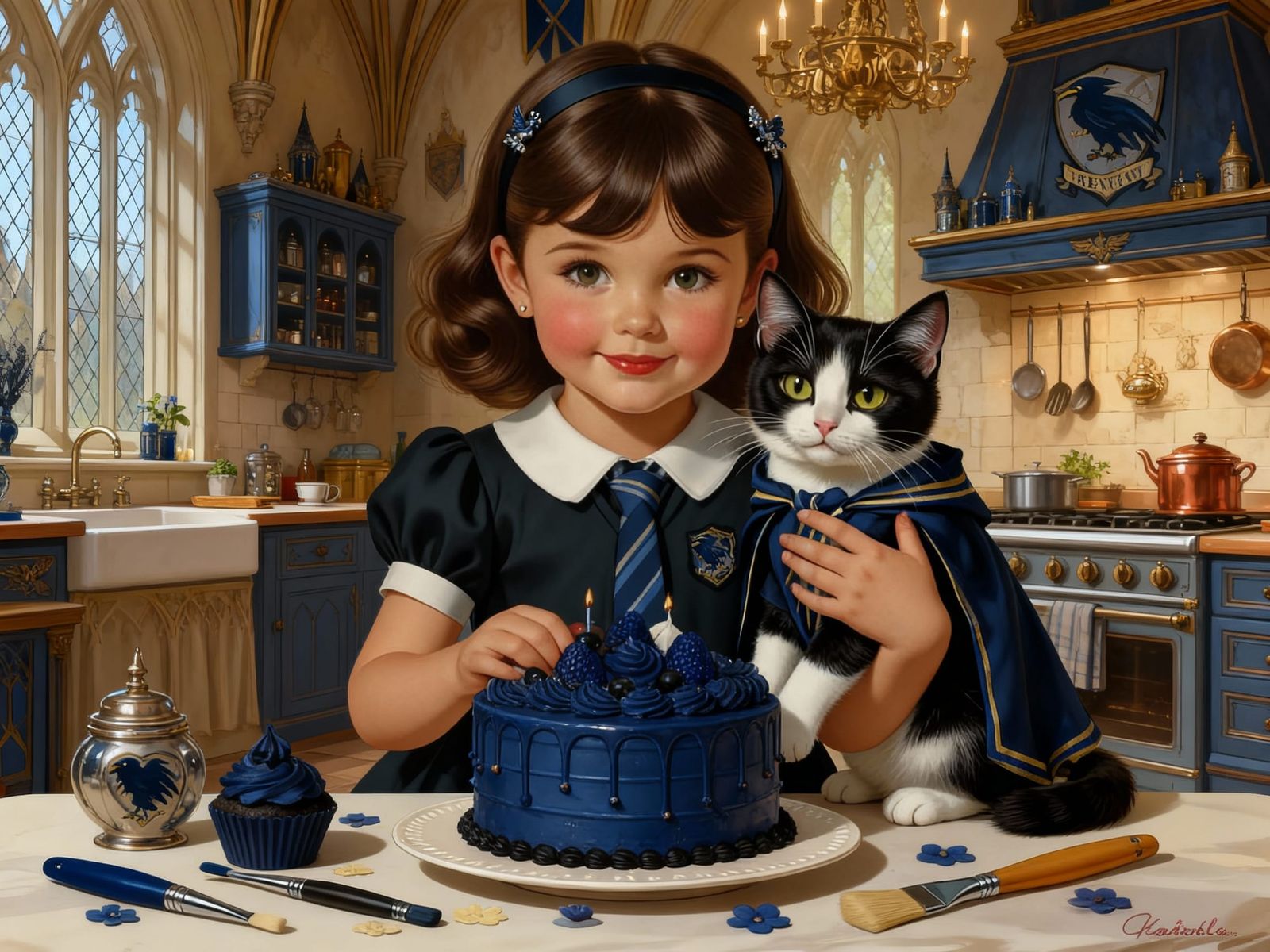 Hogwarts Kitchen with Ravenclaw Themed Cake and Cat