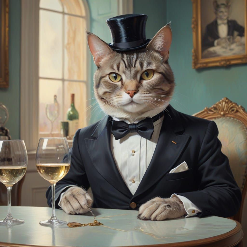 Surrealist painting. Close-up. An anthropomorphic cat wearing a tuxedo and monocle, sitting at a table with a glass of w...