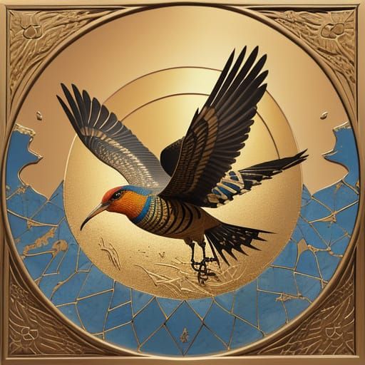 Golden Hoopoe Bird in Safavid Miniature Style