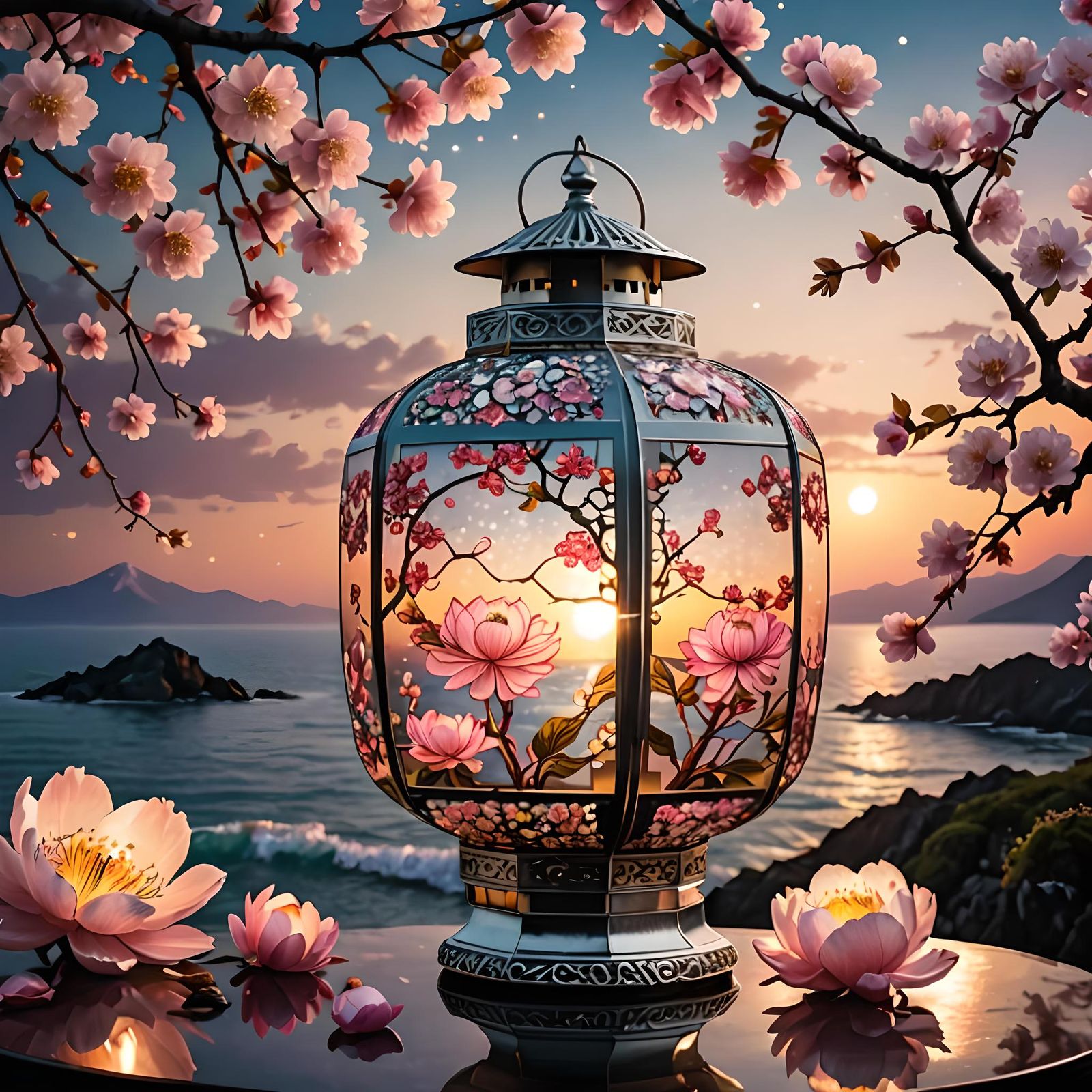 Luminous Japanese Lantern at Sunset with Cherry Blossoms