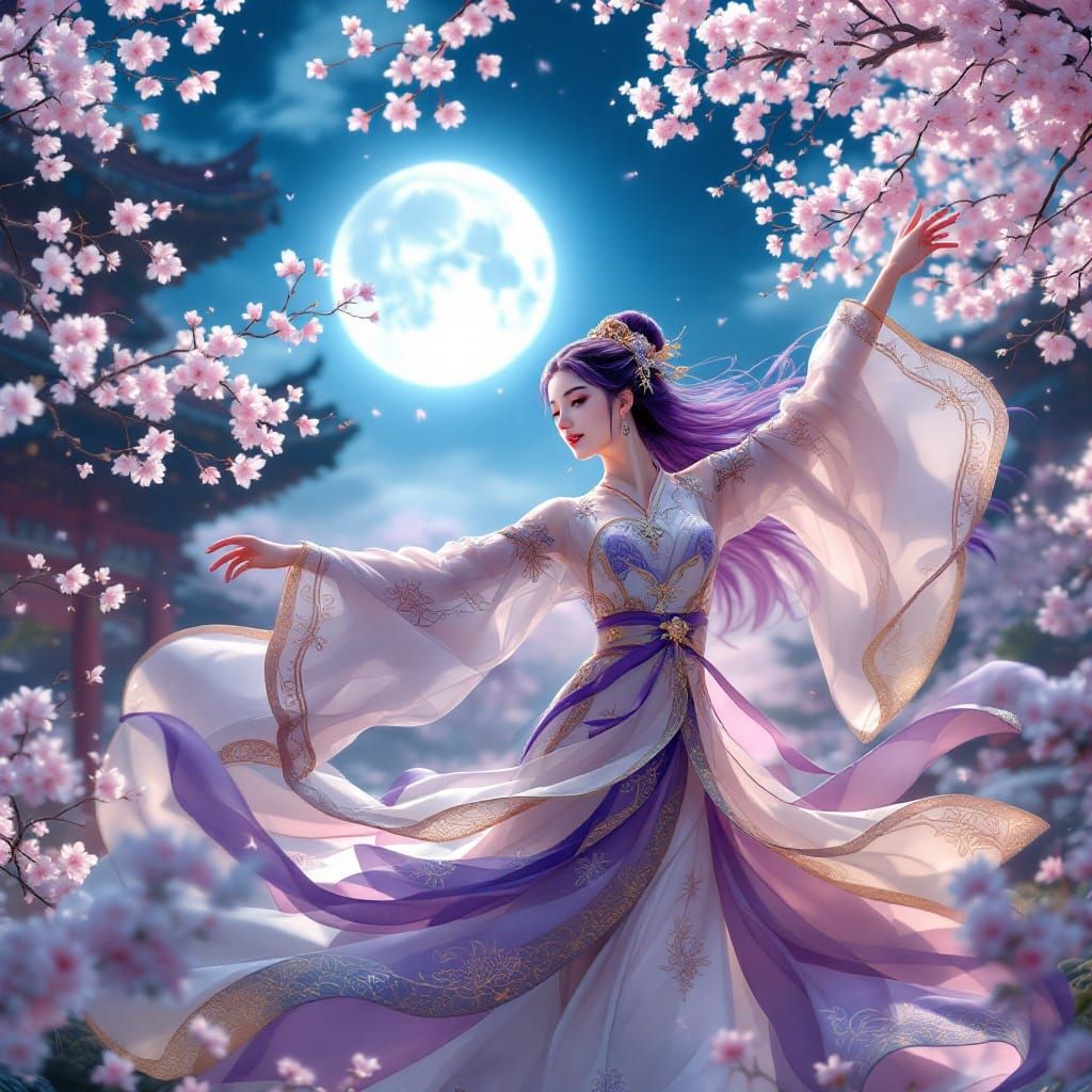Elegant Woman in Traditional Hanfu Under Moonlit Cherry Blos...