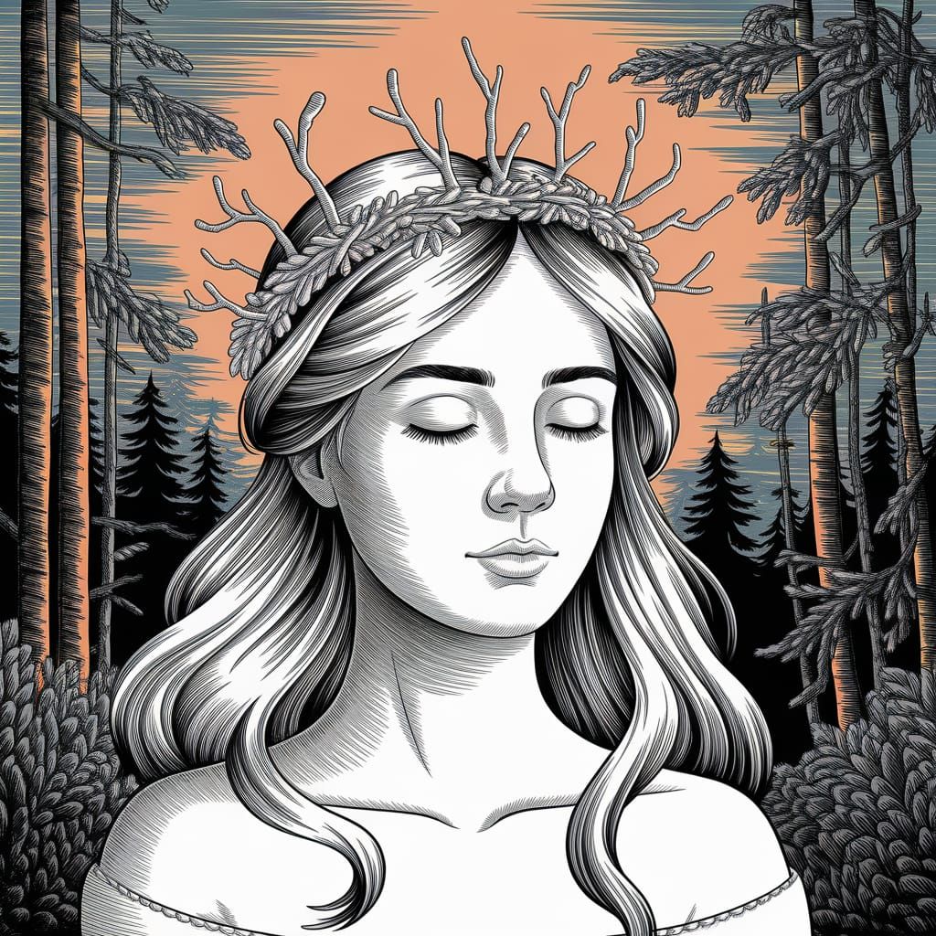 Dreamy Forest Portrait in Crosshatching Line Art