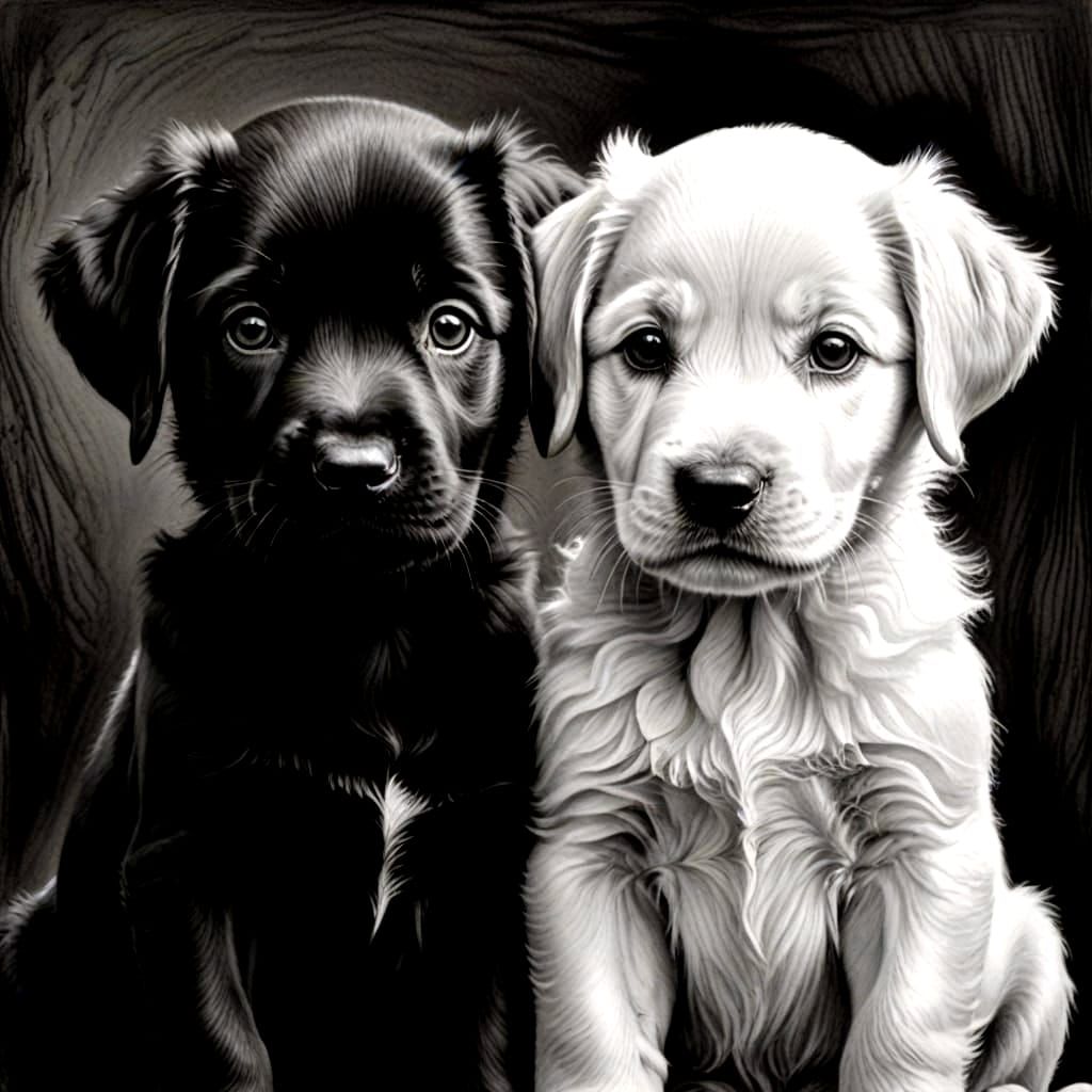 Black and White Puppies in Charcoal Drawing