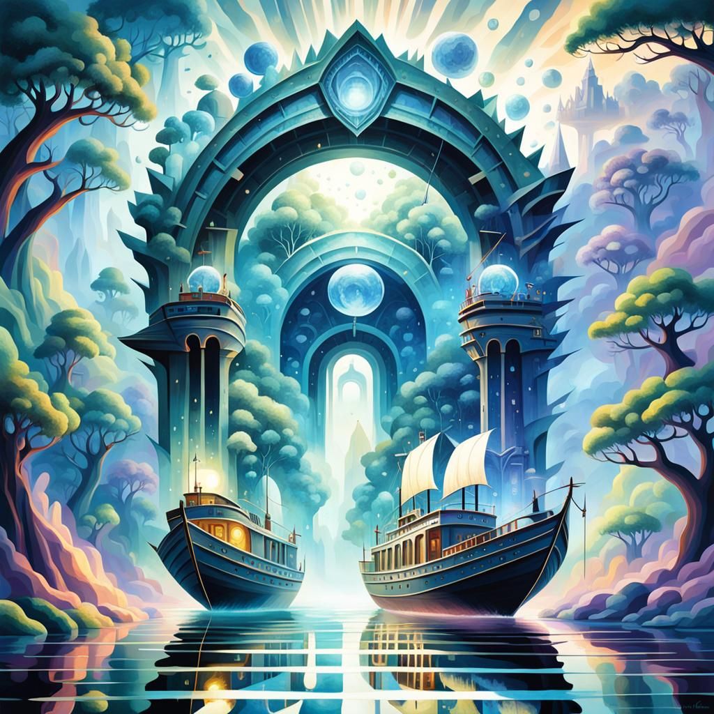 Ethereal Crystalline Metamorphosis Cubism, a river boat ente...