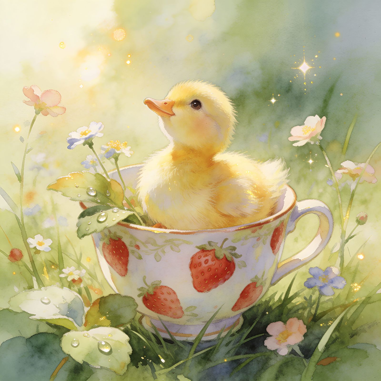 Fluffy Duckling in Teacup with Wildflowers