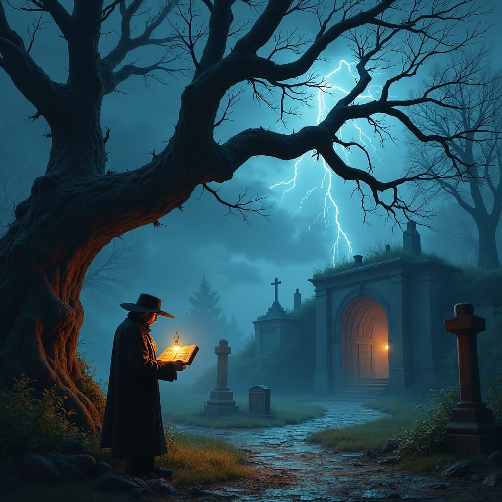 Eerie Figure Reading Under Stormy Trees