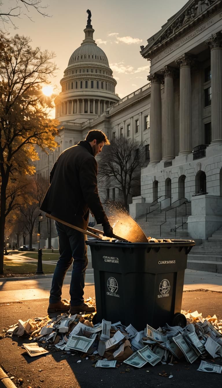 Man Shoveling Bills: Cinematic Concept Art