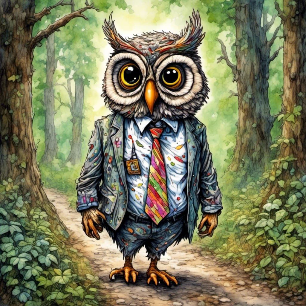 Anthropomorphic Owl in Tie-Dye Shirt Cartoon