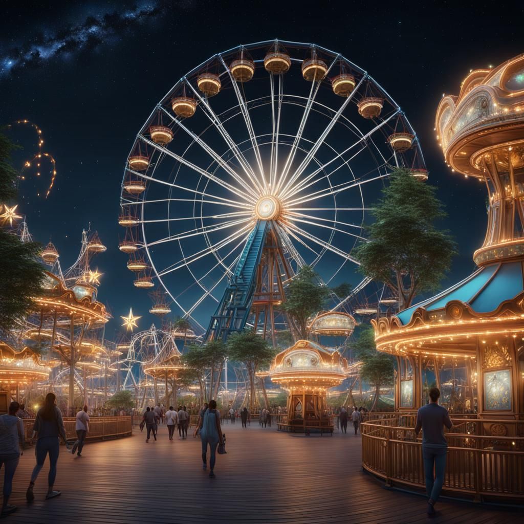 Nighttime Amusement Park Under Starry Sky