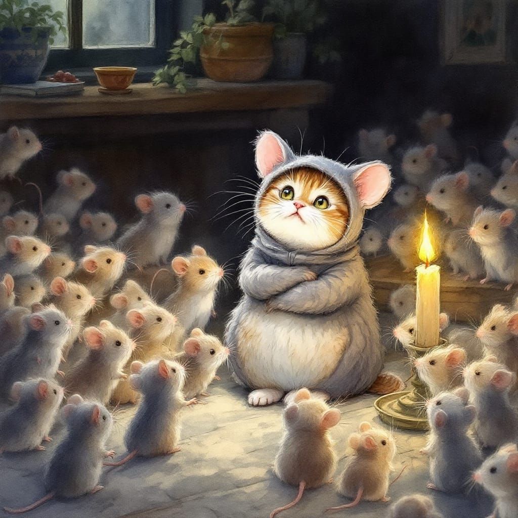 Cat in Mouse Costume Bewildered by Mice, Watercolor Illustra...