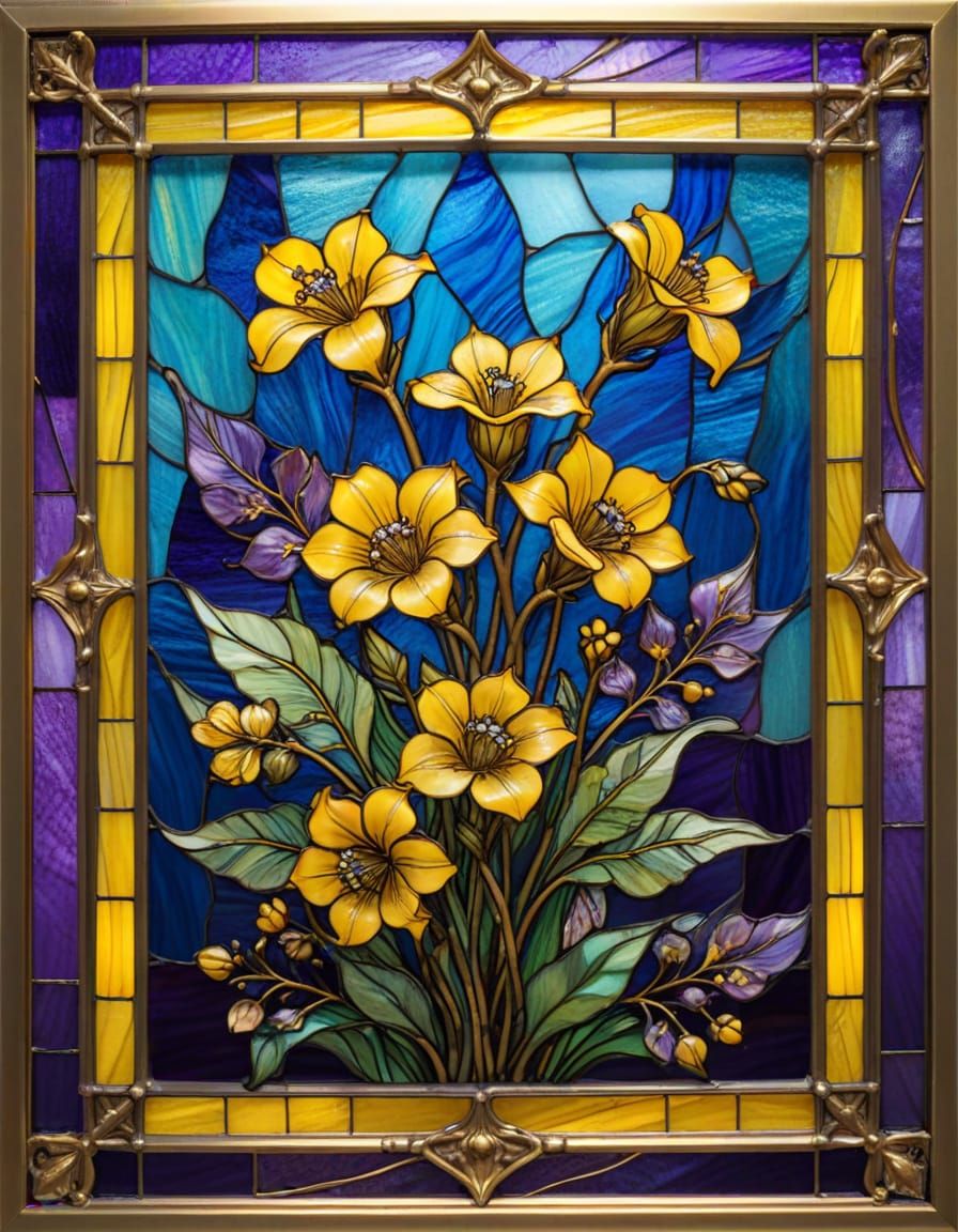 Stained Glass Yellow Aconite in Gold Frame