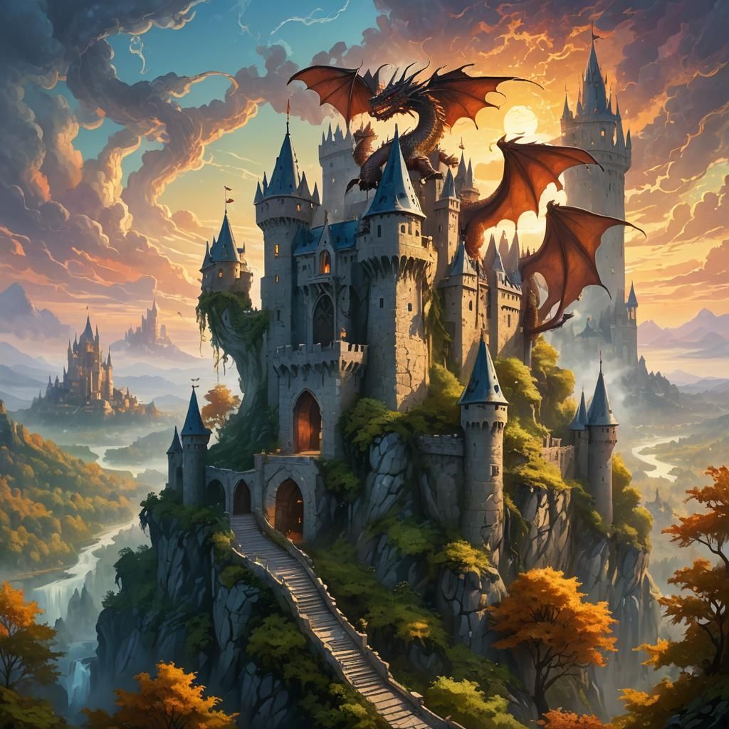 Dragon Perched Atop Mystical Castle in Oil Painting Style