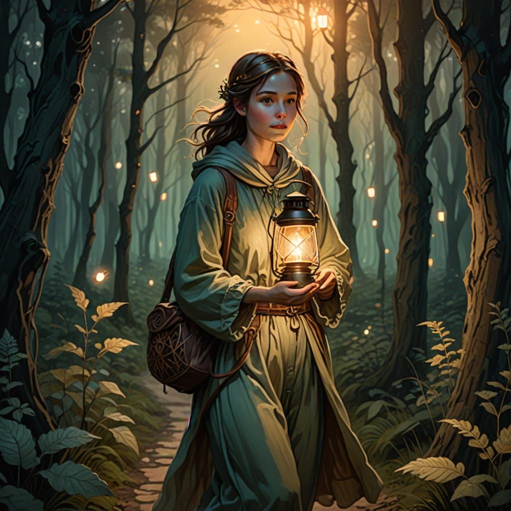 Whimsical Fairy Tale: Woman with Lantern in Forest