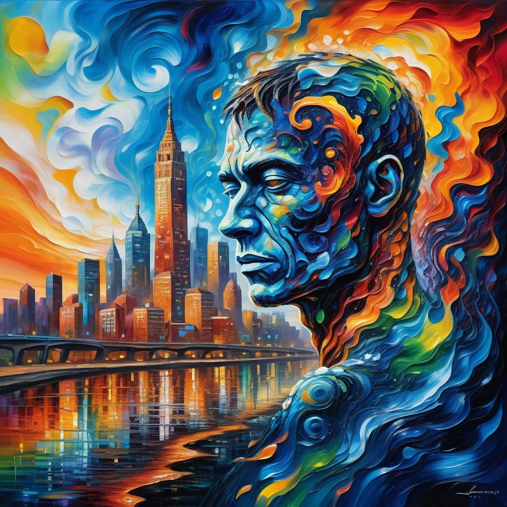 Surreal Humanoid at Melting Cityscape, Oil Painting