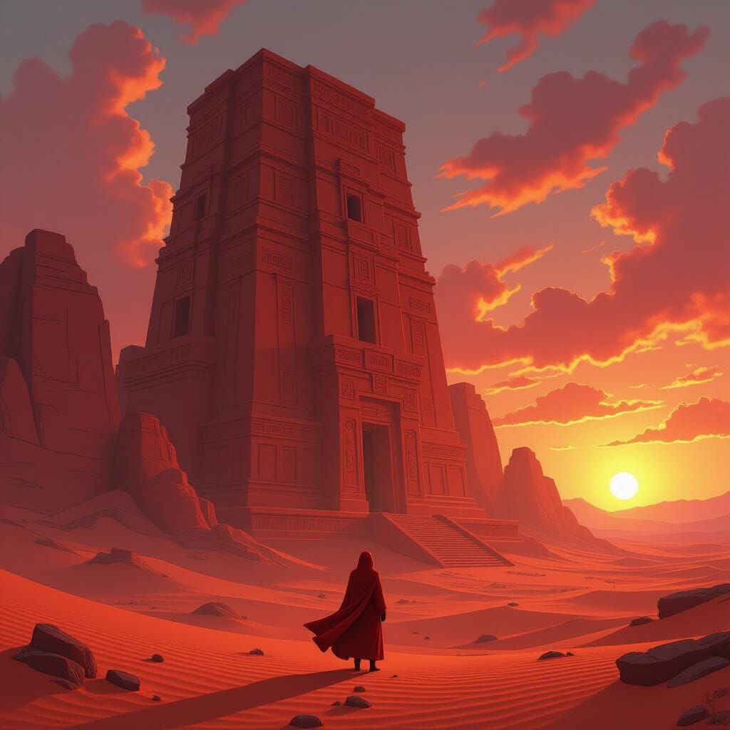 Crimson Desert Temple: Hyperrealistic Ghibli-Inspired Scene