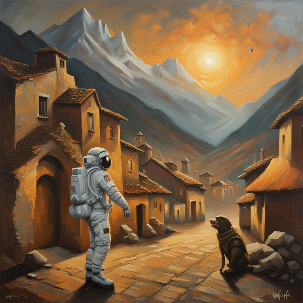 Astronaut with Piranha: Baroque Oil Painting