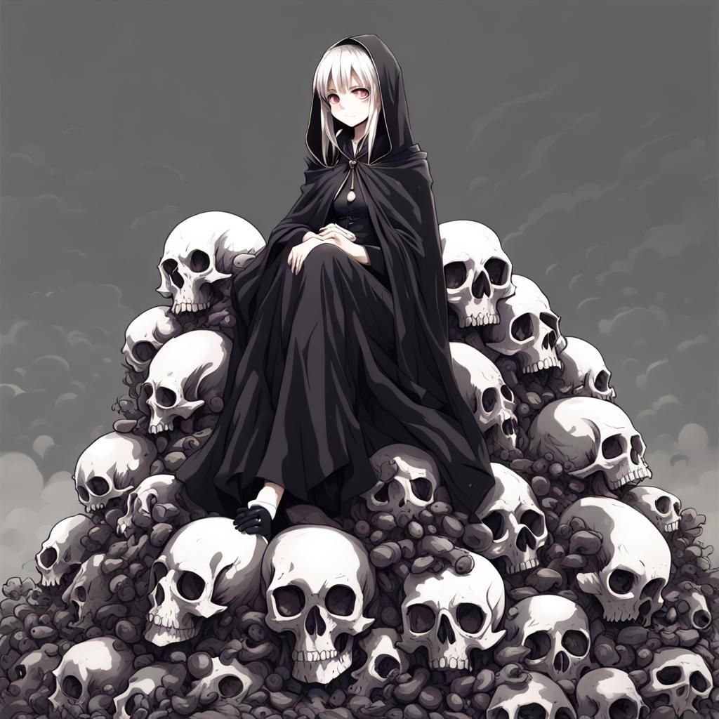 Anime Girl on Skulls in Manga Style