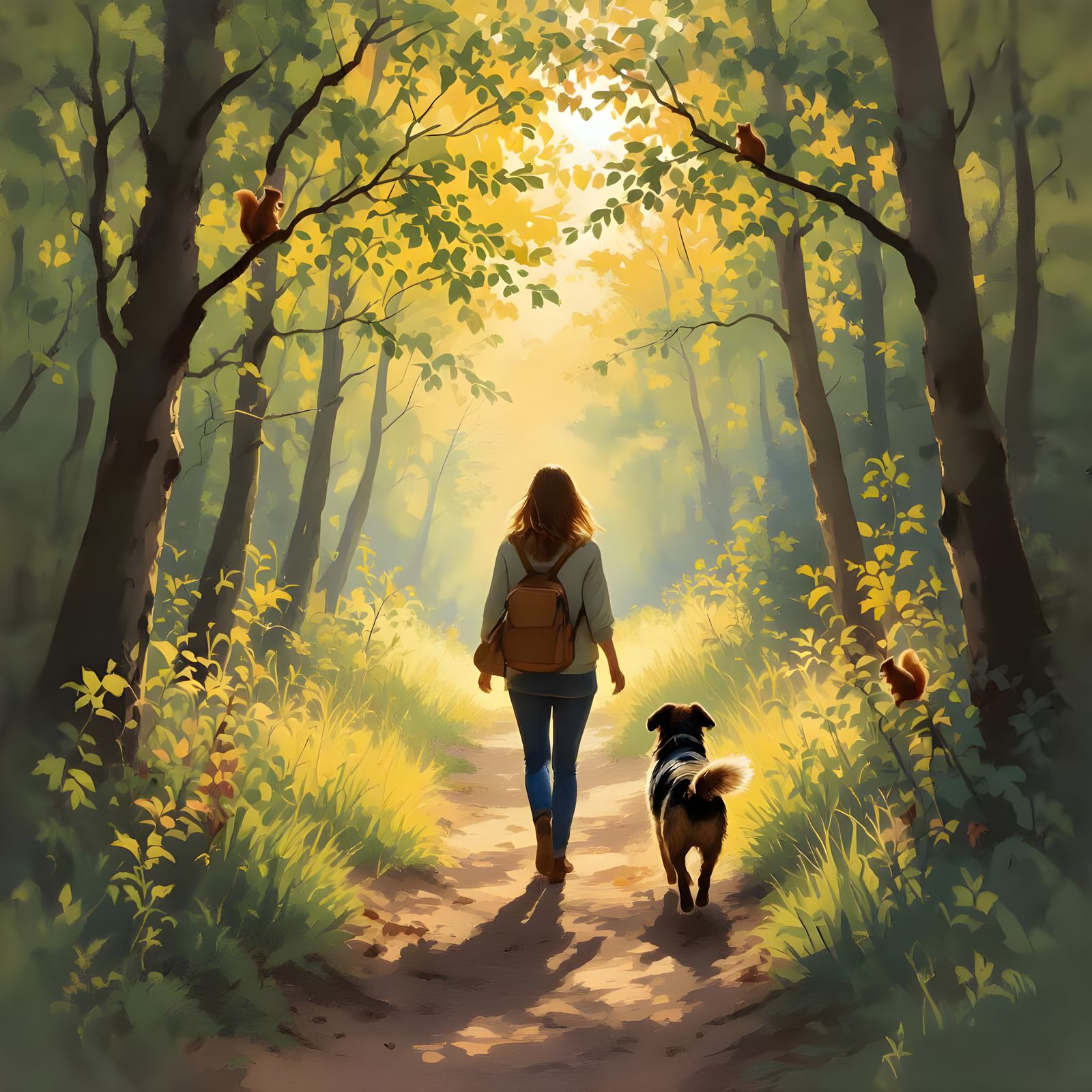 Sunlit Woods Walk with Dog and Squirrels