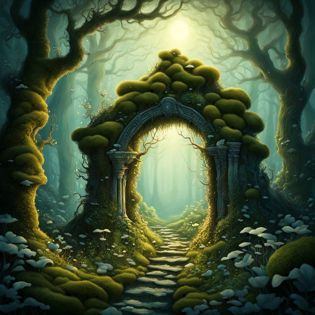 Mystical Forest Archway Illuminated by Glowing Fungi in Surr...