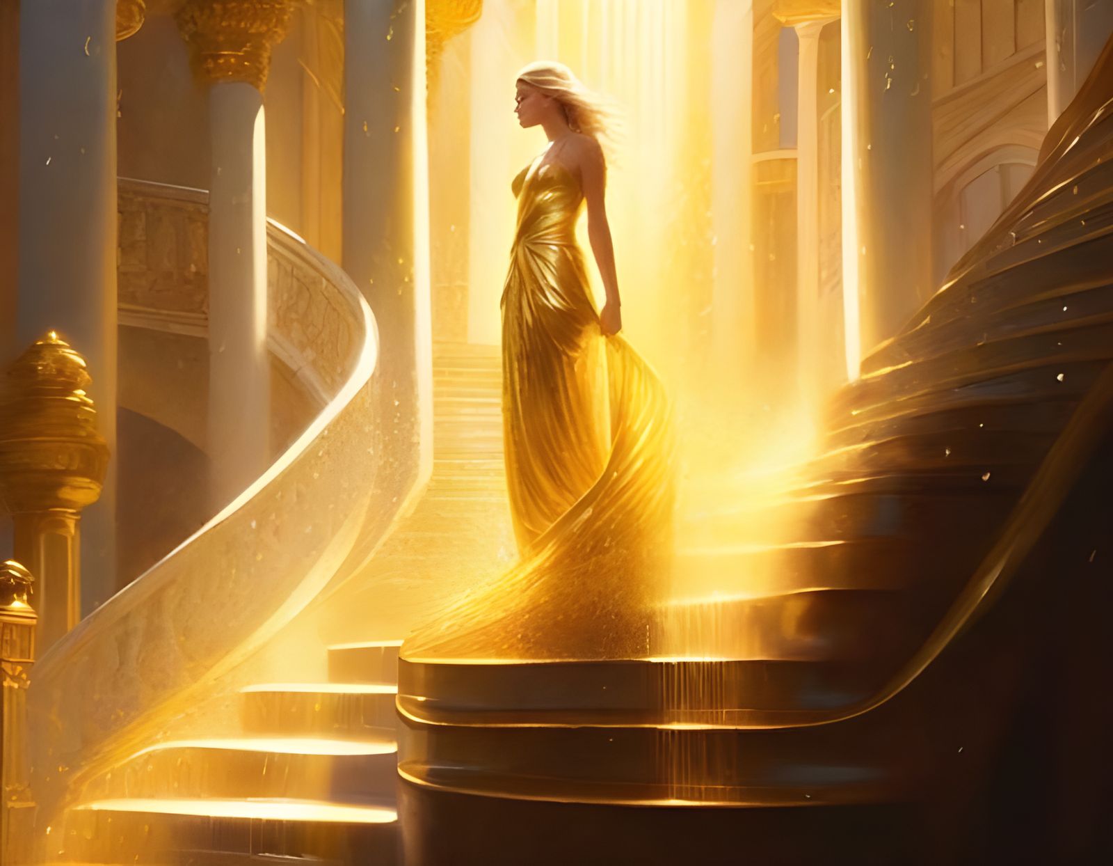Woman in Golden Light on Grand Staircase