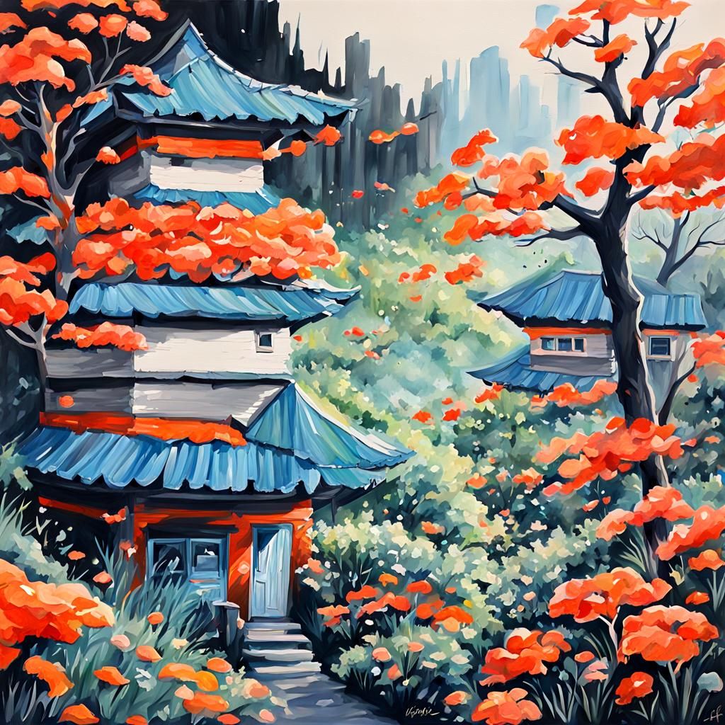 Gouache Painting of a Detailed Town