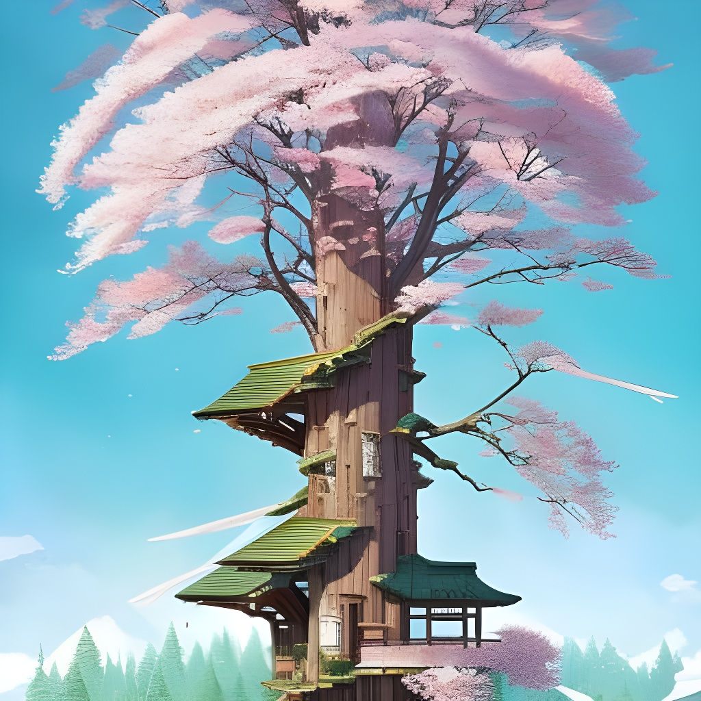 Cherry Blossom Treehouse Fort: Hyperdetailed Ink Painting