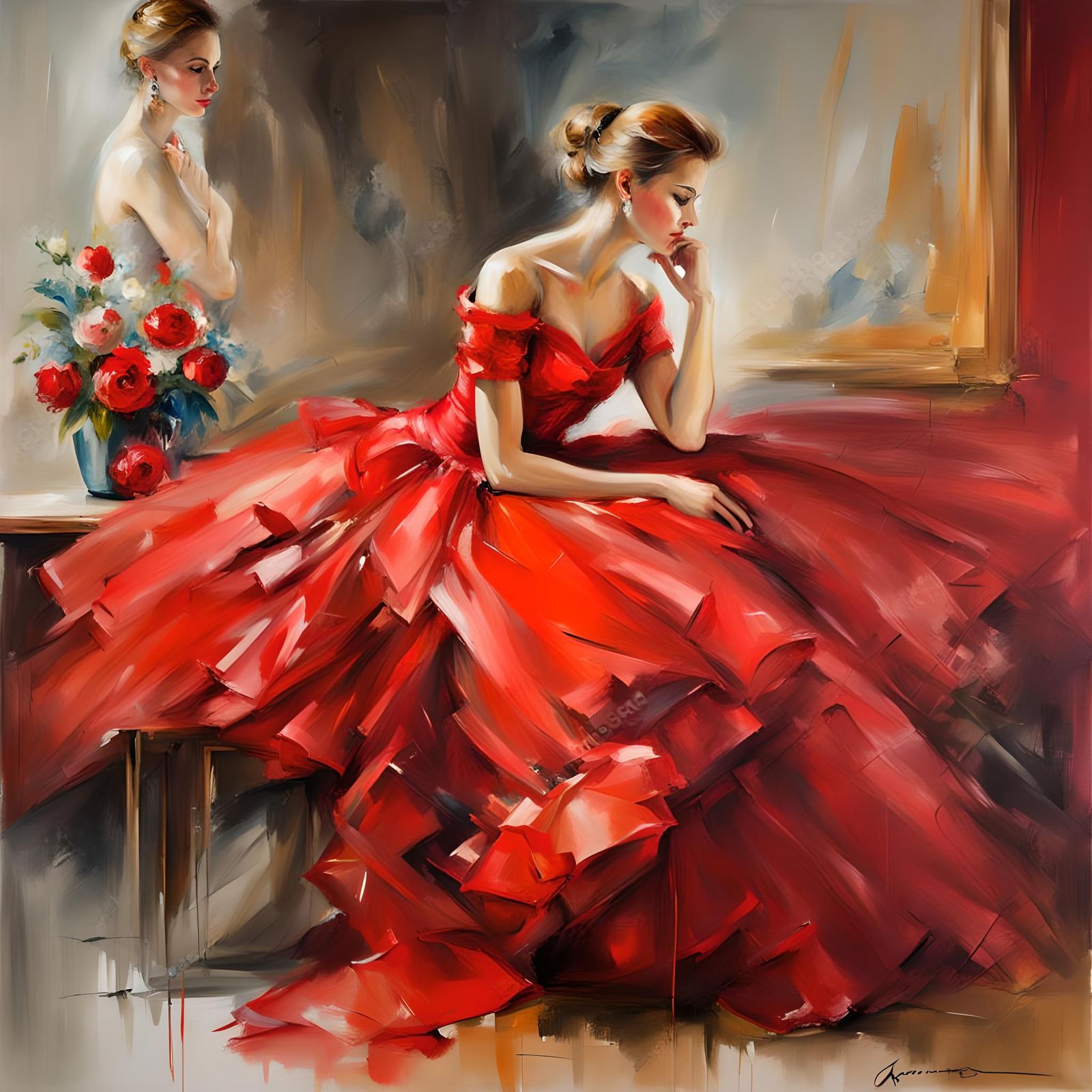 Woman in Red Dress: Oil Painting Masterpiece