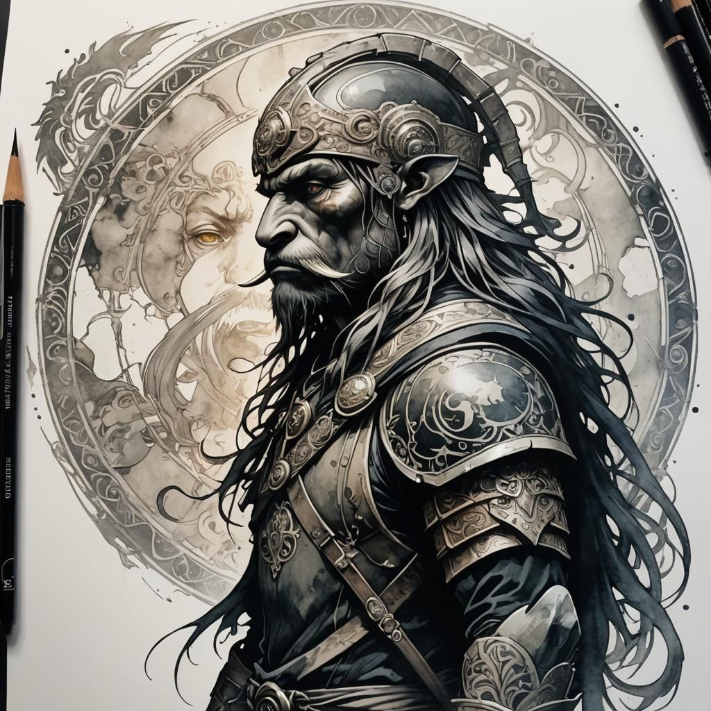 Orc Warrior in Anime Style by Alphonse Mucha