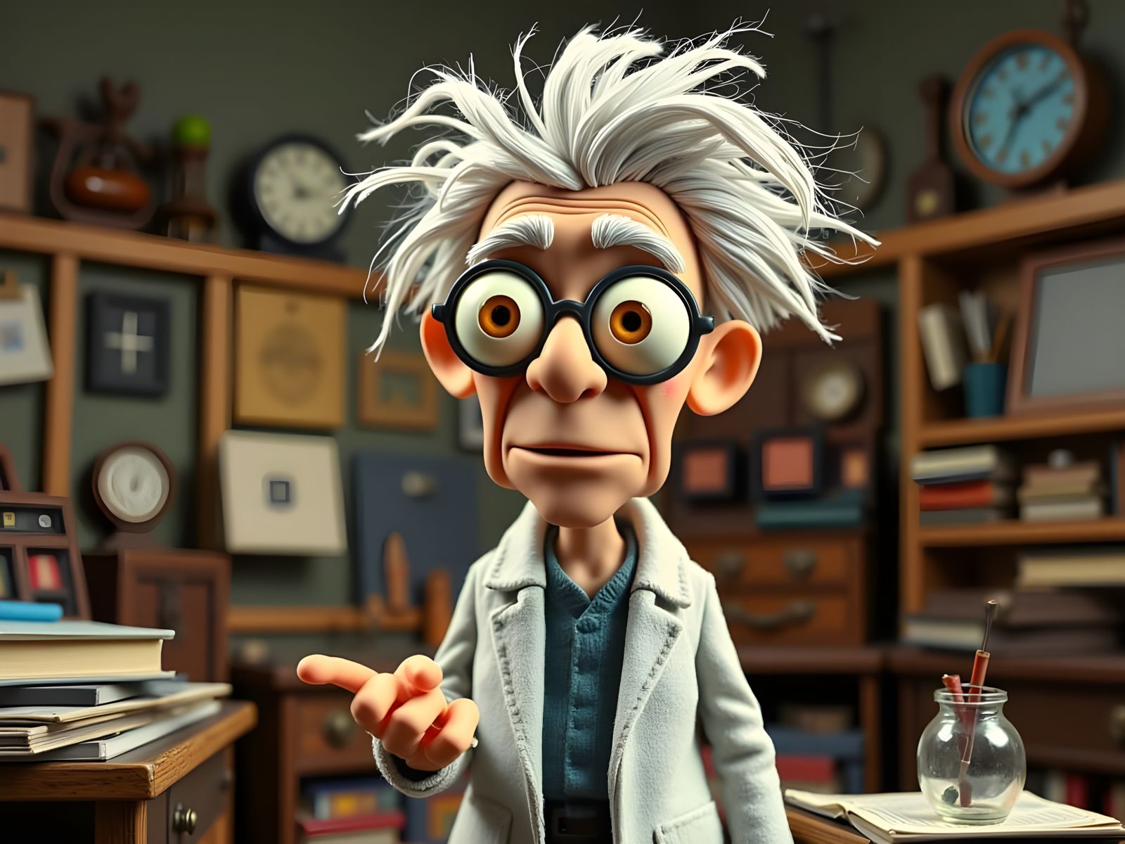 Claymation Professor in Whimsical Stop-Motion Style