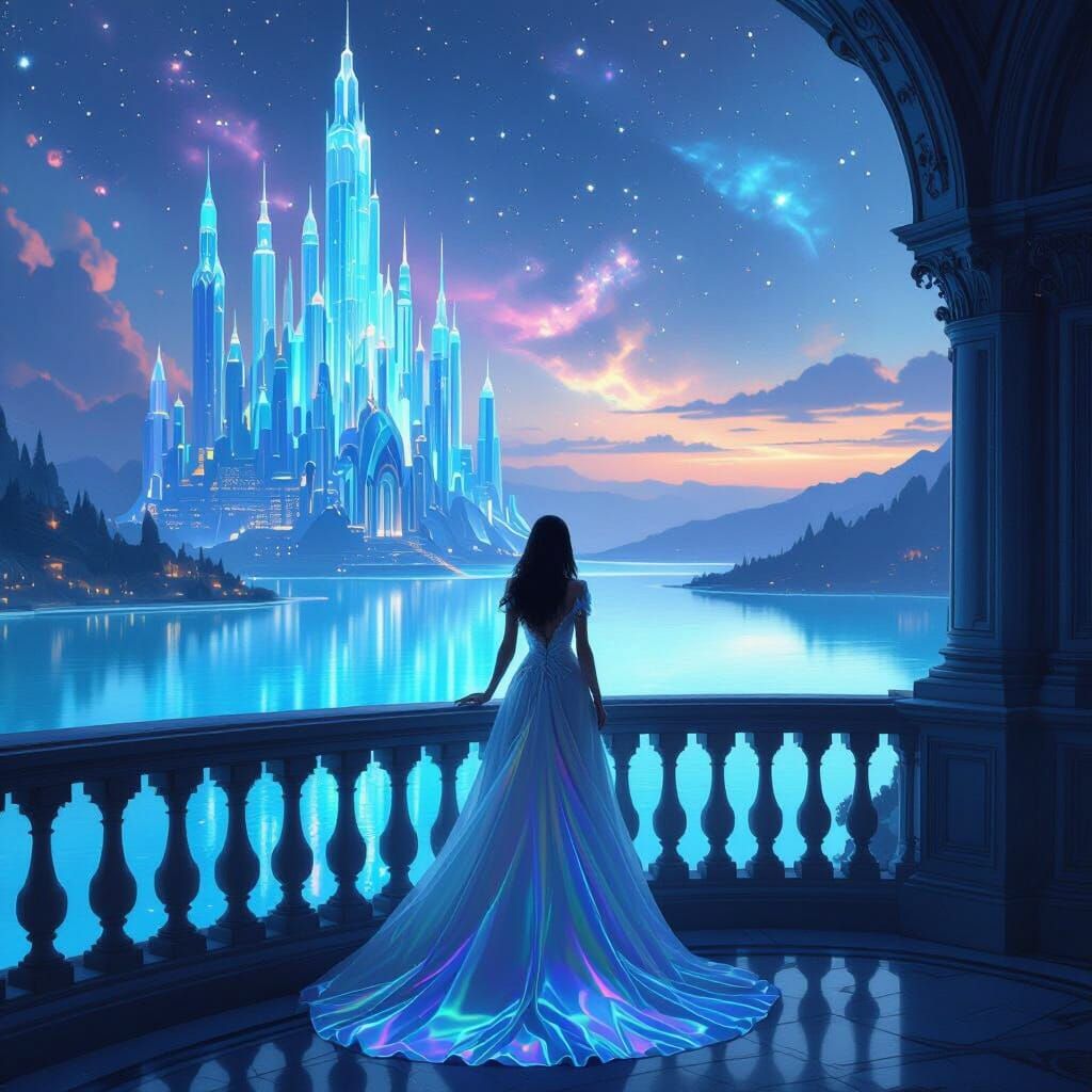 Ethereal Woman Overlooks Bioluminescent Lake from Crystal Ca...